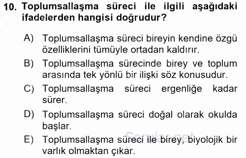 Toplumsal Yaşamda Aile 2016 - 2017 3 Ders Sınavı 10.Soru