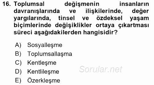 Toplumsal Yaşamda Aile 2016 - 2017 3 Ders Sınavı 16.Soru
