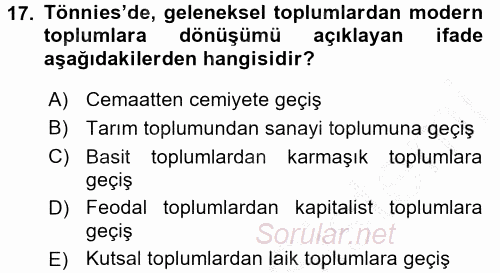 Toplumsal Yaşamda Aile 2016 - 2017 3 Ders Sınavı 17.Soru