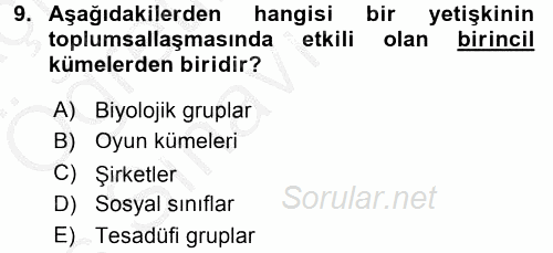 Toplumsal Yaşamda Aile 2016 - 2017 3 Ders Sınavı 9.Soru