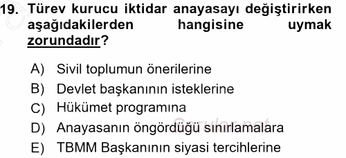 Türk Anayasa Hukuku 2015 - 2016 Ara Sınavı 19.Soru