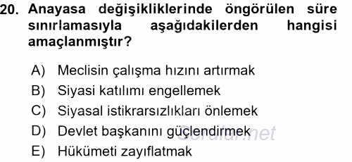 Türk Anayasa Hukuku 2015 - 2016 Ara Sınavı 20.Soru