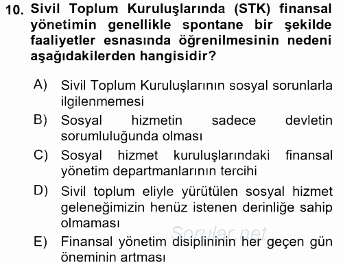 Sosyal Hizmet Yönetimi 2015 - 2016 Dönem Sonu Sınavı 10.Soru