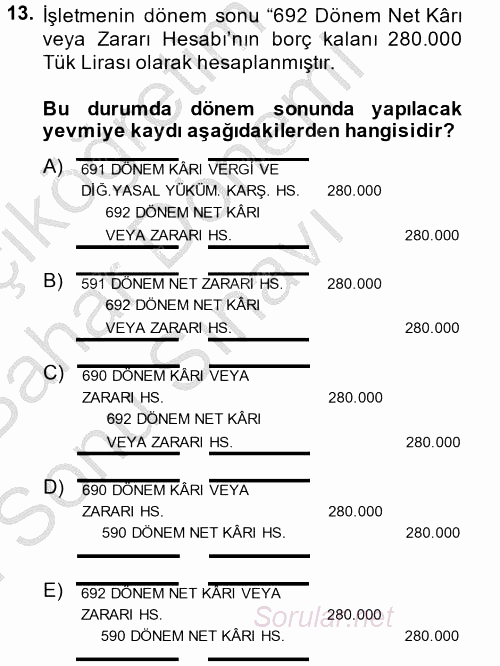 Genel Muhasebe 2 2014 - 2015 Dönem Sonu Sınavı 13.Soru