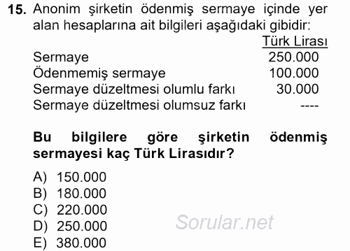 Genel Muhasebe 2 2014 - 2015 Dönem Sonu Sınavı 15.Soru