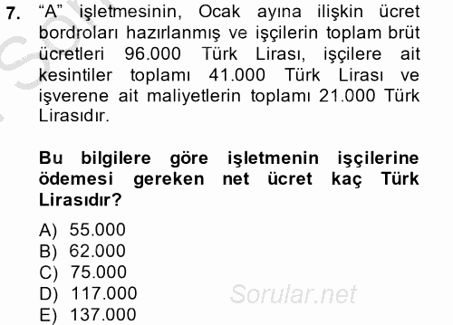 Genel Muhasebe 2 2014 - 2015 Dönem Sonu Sınavı 7.Soru