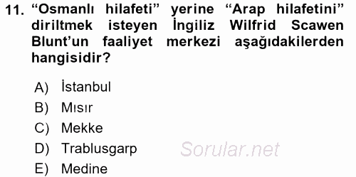 Osmanlı Tarihi (1876–1918) 2016 - 2017 Dönem Sonu Sınavı 11.Soru