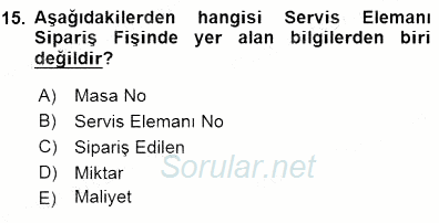 Yiyecek ve İçecek Yönetimi 2015 - 2016 Dönem Sonu Sınavı 15.Soru