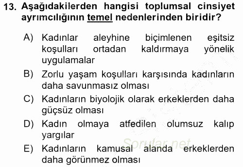 Toplumsal Cinsiyet Çalışmaları 2016 - 2017 3 Ders Sınavı 13.Soru