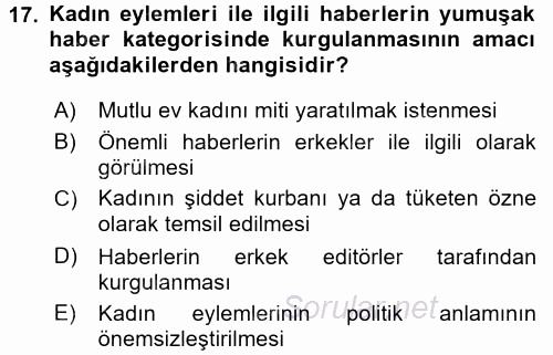 Toplumsal Cinsiyet Çalışmaları 2016 - 2017 3 Ders Sınavı 17.Soru