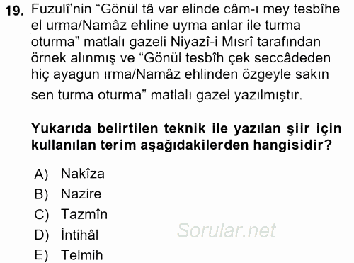 Eski Türk Edebiyatına Giriş: Söz Sanatları 2016 - 2017 Dönem Sonu Sınavı 19.Soru