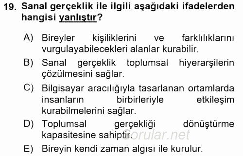 Kültür Sosyolojisi 2017 - 2018 Dönem Sonu Sınavı 19.Soru