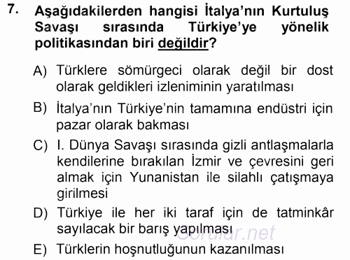 Türk Dış Politikası 1 2012 - 2013 Ara Sınavı 7.Soru