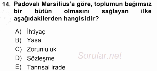 Siyasi Düşünceler Tarihi 2016 - 2017 Ara Sınavı 14.Soru