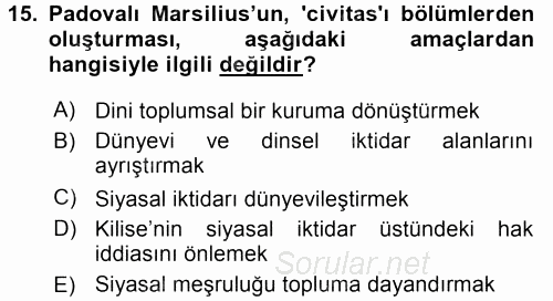 Siyasi Düşünceler Tarihi 2016 - 2017 Ara Sınavı 15.Soru