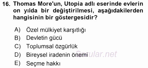 Siyasi Düşünceler Tarihi 2016 - 2017 Ara Sınavı 16.Soru