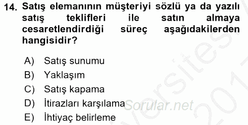 Satış Teknikleri 2016 - 2017 3 Ders Sınavı 14.Soru
