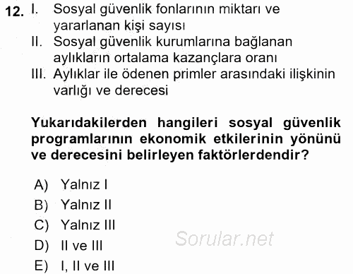 Sosyal Güvenlik 2016 - 2017 3 Ders Sınavı 12.Soru