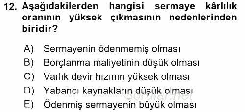 Finansal Tablolar Analizi 2016 - 2017 Dönem Sonu Sınavı 12.Soru