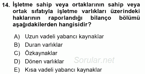 Finansal Tablolar Analizi 2016 - 2017 Dönem Sonu Sınavı 14.Soru