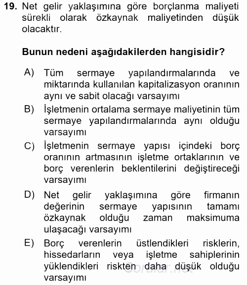 Finansal Tablolar Analizi 2016 - 2017 Dönem Sonu Sınavı 19.Soru