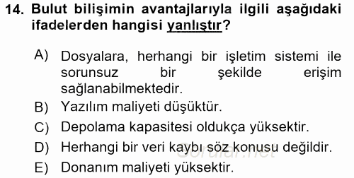Odalar Bölümü Yönetimi 2016 - 2017 Dönem Sonu Sınavı 14.Soru
