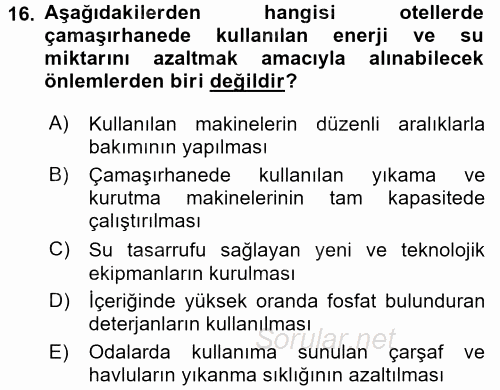 Odalar Bölümü Yönetimi 2016 - 2017 Dönem Sonu Sınavı 16.Soru