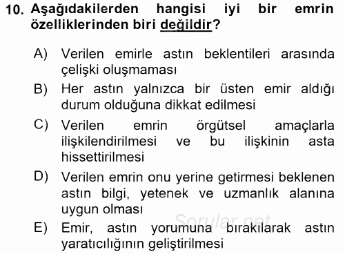 Yönetim ve Organizasyon 1 2017 - 2018 Ara Sınavı 10.Soru