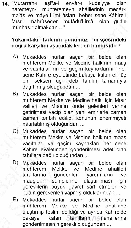 Osmanlı Türkçesi Metinleri 2 2016 - 2017 Ara Sınavı 14.Soru