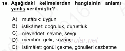 Osmanlı Türkçesi Metinleri 2 2016 - 2017 Ara Sınavı 18.Soru