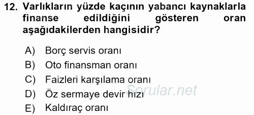 Muhasebe Denetimi ve Mali Analiz 2015 - 2016 Dönem Sonu Sınavı 12.Soru