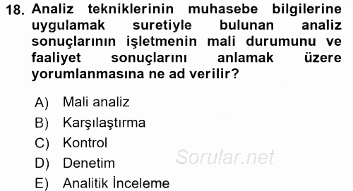 Muhasebe Denetimi ve Mali Analiz 2015 - 2016 Dönem Sonu Sınavı 18.Soru