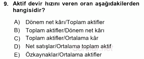 Muhasebe Denetimi ve Mali Analiz 2015 - 2016 Dönem Sonu Sınavı 9.Soru