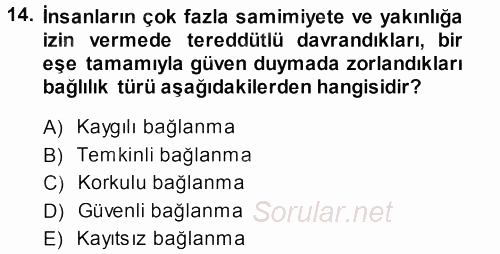 Aile İçi Uyumlu Etkileşim 2013 - 2014 Ara Sınavı 14.Soru