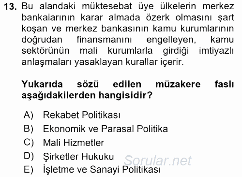 Avrupa Birliği ve Türkiye İlişkileri 2017 - 2018 3 Ders Sınavı 13.Soru