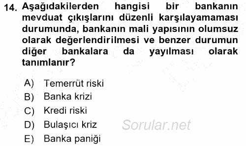 Bankalarda Kredi Yönetimi 2015 - 2016 Dönem Sonu Sınavı 14.Soru