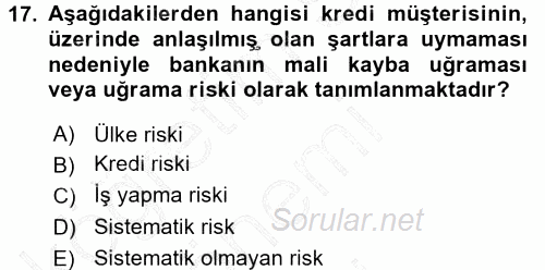 Bankalarda Kredi Yönetimi 2015 - 2016 Dönem Sonu Sınavı 17.Soru