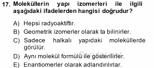 Hücre Kimyası 2014 - 2015 Tek Ders Sınavı 17.Soru