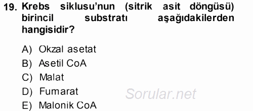 Hücre Kimyası 2014 - 2015 Tek Ders Sınavı 19.Soru