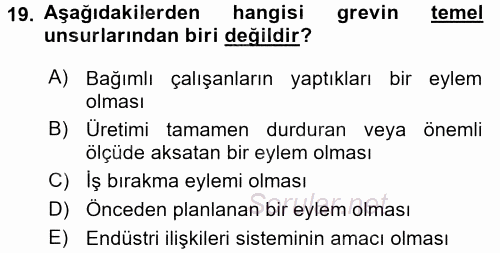 Endüstri İlişkileri 2016 - 2017 Dönem Sonu Sınavı 19.Soru