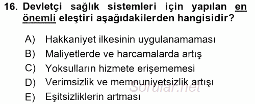 Sağlık Ekonomisi 2017 - 2018 Ara Sınavı 16.Soru