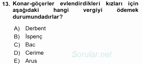 Osmanlı´da İskan ve Göç 2016 - 2017 Ara Sınavı 13.Soru
