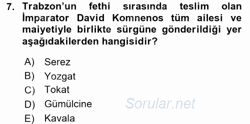 Osmanlı´da İskan ve Göç 2016 - 2017 Ara Sınavı 7.Soru