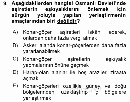 Osmanlı´da İskan ve Göç 2016 - 2017 Ara Sınavı 9.Soru