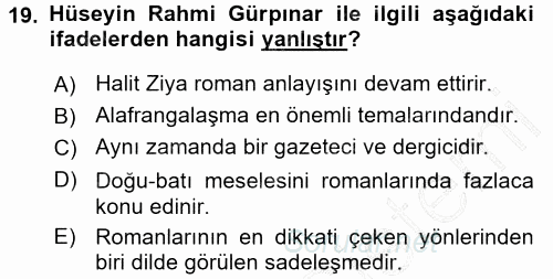 II. Abdülhamit Dönemi Türk Edebiyatı 2015 - 2016 Dönem Sonu Sınavı 19.Soru