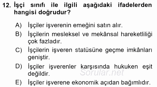 Endüstri İlişkileri 2017 - 2018 Ara Sınavı 12.Soru