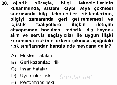 Lojistik Yönetimi 2015 - 2016 Tek Ders Sınavı 20.Soru