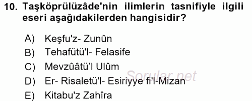 İslam Düşünce Tarihi 2017 - 2018 Dönem Sonu Sınavı 10.Soru