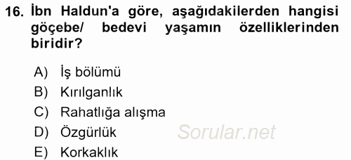 İslam Düşünce Tarihi 2017 - 2018 Dönem Sonu Sınavı 16.Soru