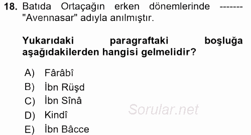 İslam Düşünce Tarihi 2017 - 2018 Dönem Sonu Sınavı 18.Soru